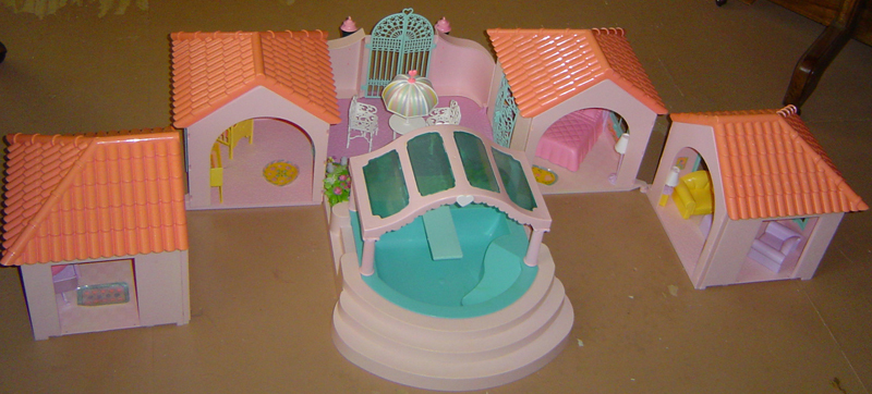 Size: 800x362 | Tagged: bed, chair, crib, derpibooru import, g1, paradise estate, photographer:breyer600, playset, safe, table, umbrella