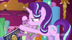 Size: 704x396 | Tagged: safe, artist:titanium-pony, derpibooru import, edit, edited screencap, screencap, spike, starlight glimmer, dragon, pony, unicorn, a-dressing memories, spoiler:a-dressing memories, spoiler:mlp friendship is forever, 9now, cuddling, female, hug, kiss mark, kissing, lipstick, male, shipping, sparlight, straight, winged spike