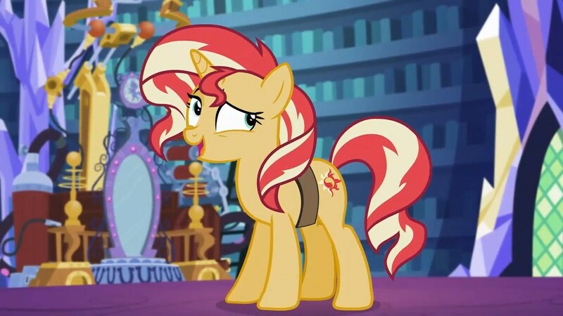 Size: 1280x720 | Tagged: safe, derpibooru import, screencap, sunset shimmer, pony, unicorn, equestria girls, mirror magic, spoiler:eqg specials, awkward smile, bag, bookshelf, cute, embarrassed, equestria girls specials, female, looking at someone, mare, raised eyebrow, returning, shimmerbetes, solo, talking, twilight's castle