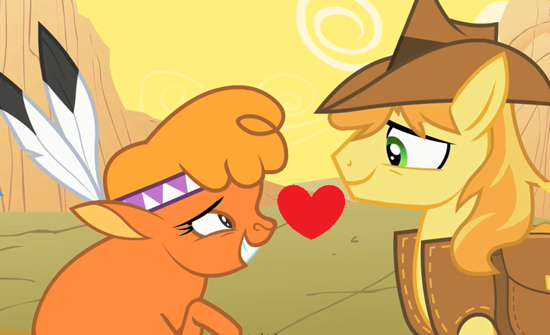 Size: 819x499 | Tagged: safe, derpibooru import, edit, edited screencap, screencap, braeburn, little strongheart, buffalo, earth pony, pony, over a barrel, braeheart, female, heart, male, shipping, straight