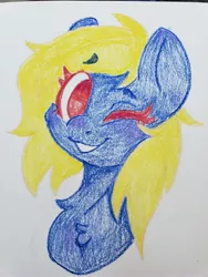 Size: 3024x4032 | Tagged: artist:ruef, chest fluff, crayon drawing, derpibooru import, oc, oc:naveen numbers, one eye closed, pegasus, safe, solo, traditional art, unofficial characters only, wink