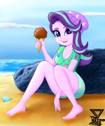 Size: 2200x2619 | Tagged: safe, artist:theretroart88, derpibooru import, starlight glimmer, equestria girls, 2020, 2020s, adorasexy, arm between legs, barefoot, beach, beanie, beautiful, board shorts, breasts, busty starlight glimmer, clam, cleavage, clothes, cloud, cute, feet, female, food, glimmerbetes, happy, hat, ice cream, ice cream cone, legs, looking at you, multicolored hair, ocean, purple skin, rock, sand, seashell, sexy, shirt, shorts, sitting, smiling, smiling at you, snowcone, sultry pose, t-shirt, that human sure does love ice cream, water, watermark