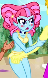 Size: 364x592 | Tagged: safe, artist:dieart77, derpibooru import, edit, kiwi lollipop, timber spruce, equestria girls, equestria girls series, sunset's backstage pass!, spoiler:eqg series (season 2), arm grab, beach, belly button, bikini, blushing, choker, clothes, cropped, female, heart, k-lo, legs, male, offscreen character, pink hair, shipping, straight, swimsuit, water