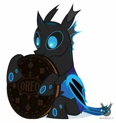 Size: 1286x1369 | Tagged: alternate version, artist:wheatley r.h., bat wings, blue changeling, changeling, changeling oc, cookie, derpibooru import, food, giant cookie, happy, holding, honeypot changeling, oc, oc:w. rhinestone eyes, oreo, safe, simple background, solo, unofficial characters only, vector, watermark, white background, wings