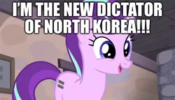 Size: 1258x720 | Tagged: safe, derpibooru import, edit, edited screencap, screencap, starlight glimmer, pony, unicorn, the cutie map, caption, communism, cute, dictator, equal cutie mark, excessive exclamation marks, female, glimmerbetes, image macro, mare, meme, north korea, politics, s5 starlight, solo, stalin glimmer, text