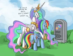 Size: 910x700 | Tagged: safe, artist:ponykillerx, derpibooru import, edit, princess celestia, rainbow dash, alicorn, pegasus, pony, bitchlestia, buttercup sprinkles, celestia's grave meme, crying, exploitable meme, eyes closed, grave, meme, rest in peace