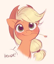 Size: 1529x1794 | Tagged: safe, artist:imalou, derpibooru import, applejack, earth pony, pony, /mlp/, 4chan, applejack's hat, blushing, bust, cowboy hat, cute, dialogue, drawthread, female, hat, howdy, jackabetes, looking at you, mare, portrait, simple background, smiling, solo, speech bubble, straw in mouth, white background