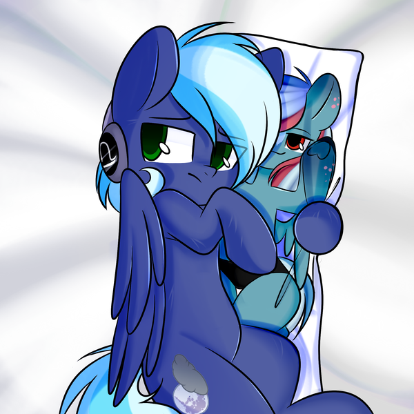 Size: 2000x2000 | Tagged: safe, artist:thieftea, derpibooru import, oc, oc:moonlight drop, unofficial characters only, pegasus, pony, bed, body pillow, dakimakura cover, headphones, hug, hugging a pillow, laying on bed, on bed, pillow, pillow hug, solo