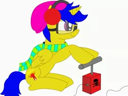 Size: 3288x2484 | Tagged: alicorn, artist:marvelmoon, clothes, cutie mark, derpibooru import, detonator, earmuffs, explosives, goggles, hat, imminent explosion, intersex, nonbinary, oc, oc:fire starter, offspring, pansexual, parent:flash sentry, parents:flashlight, parent:twilight sparkle, run away, safe, scarf, simple background, skull, solo, striped scarf, this will end in explosions, unofficial characters only, white background