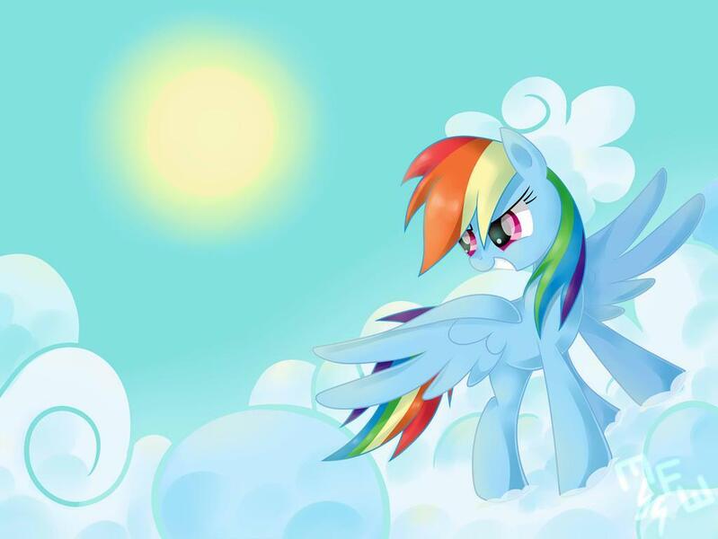 Size: 1024x769 | Tagged: safe, artist:musicfirewind, derpibooru import, rainbow dash, pegasus, pony, cloud, female, mare, on a cloud, sky, smiling, solo, spread wings, sun, wings