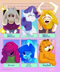 Size: 861x1024 | Tagged: anthro, anthro with ponies, artist:mooeylittle, asgore dreemurr, barn, barney, barney the dinosaur, blushing, blush sticker, bust, cat, crossover, crying, derpibooru import, dinosaur, eyes closed, female, garfield, goat, lapis lazuli (steven universe), male, mare, one eye closed, out of frame, rarity, safe, six fanarts, smiling, steven universe, toriel, undertale, wink