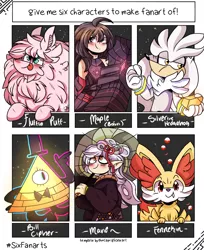 Size: 2450x3000 | Tagged: safe, artist:jxst-starly, derpibooru import, oc, oc:fluffle puff, anthro, earth pony, fennekin, hedgehog, human, pony, six fanarts, :p, anthro with ponies, bill cipher, blushing, bowtie, chest fluff, crossover, ear fluff, earth pony oc, female, fluffy, hat, male, mare, pokémon, silver the hedgehog, solo, sonic the hedgehog (series), tongue out, top hat