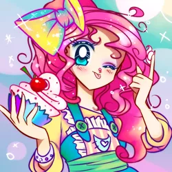 Size: 1000x1000 | Tagged: safe, artist:lelittleluna, derpibooru import, pinkie pie, human, :p, anime, apron, blushing, bow, bust, clothes, cupcake, cute, diapinkes, female, food, frosting, hair bow, humanized, looking at you, nail polish, one eye closed, sailor moon, solo, tongue out, wink