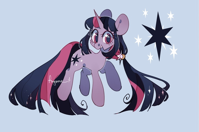 Size: 1280x846 | Tagged: safe, artist:frgtmenot_mind, derpibooru import, twilight sparkle, pony, unicorn, alternate hairstyle, blue background, cute, female, looking at you, mare, open mouth, side ponytail, simple background, solo, starry eyes, twiabetes, unicorn twilight, wingding eyes