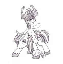 Size: 1232x1240 | Tagged: safe, artist:rmcfarland3, derpibooru import, shining armor, twilight sparkle, pony, unicorn, bbbff, blank flank, brother and sister, colt, colt shining armor, duo, female, filly, filly twilight sparkle, grayscale, helmet, male, midna, monochrome, name pun, pencil drawing, ponies riding ponies, riding, shackles, siblings, simple background, sketch, the legend of zelda, the legend of zelda: twilight princess, traditional art, white background, wolf link, younger