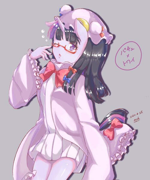 Size: 1706x2048 | Tagged: anime, anthro, artist:moh_mlp2, bow, clothes, cosplay, costume, crossover, cute, derpibooru import, female, glasses, hair bow, hat, looking at you, meganekko, :o, one eye closed, open mouth, patchouli knowledge, safe, solo, touhou, twiabetes, twichouli, twilight sparkle, wink