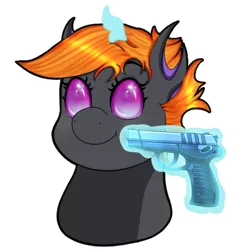 Size: 512x512 | Tagged: safe, artist:mythos art, deleted from derpibooru, derpibooru import, oc, oc:clarity heart, unofficial characters only, changeling, commission, delet this, digital art, emoji, emote, gun, handgun, male, pistol, purple changeling, simple background, solo, stallion, sticker, telegram sticker, transparent background, weapon