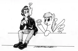 Size: 900x585 | Tagged: safe, artist:sketchywolf-13, derpibooru import, derpy hooves, oc, oc:sketchy, human, pegasus, pony, cigarette, food, muffin, smoking, traditional art, wings