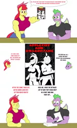 Size: 1280x2126 | Tagged: safe, artist:matchstickman, derpibooru import, apple bloom, spike, anthro, dragon, earth pony, tumblr:where the apple blossoms, apple bloom's bow, apple brawn, biceps, bow, breasts, busty apple bloom, clothes, comic, comic book, deltoids, dialogue, duo, female, hair bow, looking at you, male, mare, matchstickman's apple brawn series, muscles, muscular female, older, older apple bloom, older spike, paper, shirt, simple background, speech bubble, superhero, superhero costume, talking to viewer, tumblr comic, white background, winged spike