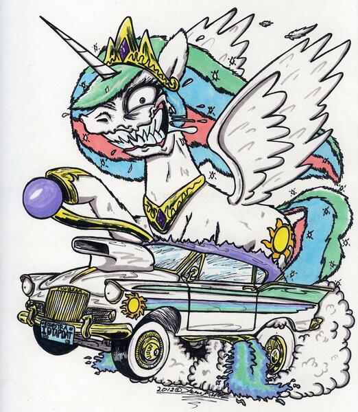 Size: 892x1025 | Tagged: safe, artist:sketchywolf-13, derpibooru import, princess celestia, alicorn, pony, car, collar, crown, cutie mark, female, fire, horn, jewelry, mare, rat fink, regalia, sharp teeth, sidepipes, simple background, smoke, solo, sunbeam (car), teeth, traditional art, white background, wings