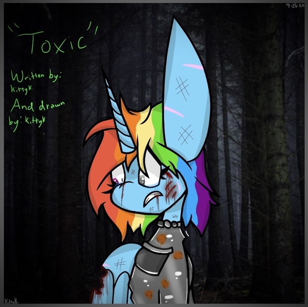 Size: 828x825 | Tagged: alicorn, alicornified, artist:kittycatrittycat, big ears, bleeding, bleeding mouth, blood, bloody, dark, derpibooru import, dirty, fantasy class, female, forest, impossibly large ears, multicolored eyes, multicolored hair, nosebleed, race swap, rainbowcorn, rainbow dash, ripped, scar, scratches, semi-grimdark, series:toxic, solo, warrior