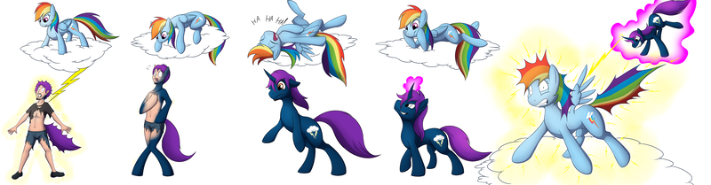 Size: 3250x850 | Tagged: safe, artist:tomek1000, derpibooru import, lightning bolt, rainbow dash, white lightning, oc, oc:thunder glade, human, pegasus, pony, unicorn, cloud, disappearing clothes, glowing horn, grin, horn, human to pony, laughing, levitation, magic, on a cloud, rainbow douche, revenge, self-levitation, smiling, smirk, telekinesis, transformation, transformation sequence, unicorn oc, zapped