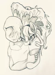 Size: 2131x2874 | Tagged: alien, artist:smirk, body horror, derpibooru import, duo, eldritch abomination, human, monochrome, oc, oc:anon, oc:thingpone, over shoulder, pencil drawing, safe, traditional art, unofficial characters only