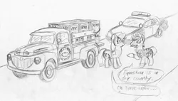 Size: 900x510 | Tagged: safe, artist:sketchywolf-13, derpibooru import, applejack, oc, earth pony, pony, alcohol, car, clothes, cowboy hat, cutie mark, female, ford, ford crown victoria, hat, male, mare, monochrome, moonshine, pickup truck, police, police car, police officer, road, speech bubble, stallion, text, traditional art, vehicle