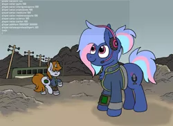 Size: 3136x2280 | Tagged: safe, artist:aaathebap, derpibooru import, oc, oc:bit rate, oc:littlepip, unofficial characters only, earth pony, pony, unicorn, fallout equestria, fanfic, cheater, cheating, chest fluff, clothes, earth pony oc, fallout, fanfic art, female, funny, hack, hacker, hax, headset, hooves, horn, mare, meme, open mouth, pipbuck, ponyfest, ponyfest online, ponytail, smiling, stable-tec, standing, telephone pole, unicorn oc, vault suit, walking, wasteland