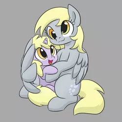 Size: 1050x1050 | Tagged: safe, artist:dendollae, derpibooru import, derpy hooves, dinky hooves, pegasus, pony, unicorn, :3, cute, derp, derpabetes, dinkabetes, duo, equestria's best daughter, equestria's best mother, female, filly, gray background, headcanon, hug, mare, mother and child, mother and daughter, simple background, sitting, smiling, snuggling, wing hands, winghug, wings