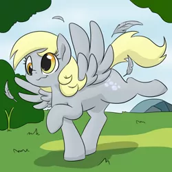 Size: 1050x1050 | Tagged: safe, artist:dendollae, derpibooru import, derpy hooves, pegasus, pony, :3, cute, derp, derpabetes, feather, female, grass, landing, mare, solo, tree