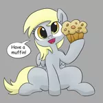 Size: 1050x1050 | Tagged: artist:dendollae, cute, derp, derpabetes, derpibooru import, derpy hooves, female, food, gray background, mare, muffin, offering, pegasus, safe, simple background, sitting, solo, speech bubble, talking to viewer