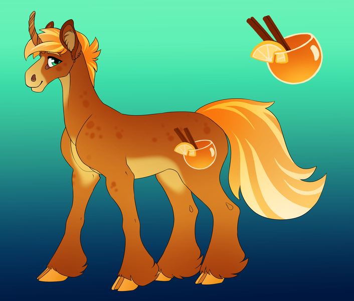 Size: 3884x3300 | Tagged: safe, artist:turnipberry, deleted from derpibooru, derpibooru import, oc, oc:spiced cider, unofficial characters only, pony, unicorn, cloven hooves, curved horn, cutie mark, gradient background, green background, horn, magical lesbian spawn, male, offspring, parent:applejack, parent:sunset shimmer, parents:appleshimmer, simple background, solo, stallion, unshorn fetlocks