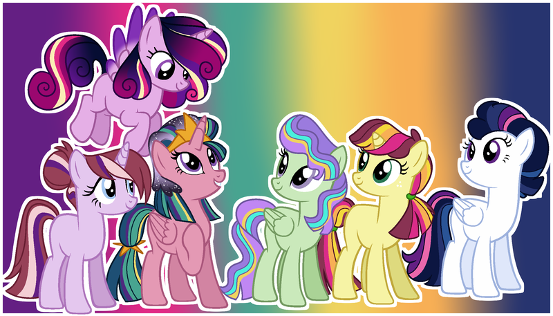 Size: 2391x1366 | Tagged: safe, artist:eonionic, derpibooru import, oc, oc:chemical connection, oc:gusty spell, oc:hieroglyphic, oc:magic pulse, oc:pinova, oc:wind trajcetory, unofficial characters only, alicorn, pegasus, pony, unicorn, base used, female, magical lesbian spawn, mare, offspring, parent:applejack, parent:high winds, parent:nurse redheart, parent:princess cadance, parent:somnambula, parent:twilight sparkle, parent:vapor trail, parents:twidance, parents:twiheart, parents:twijack