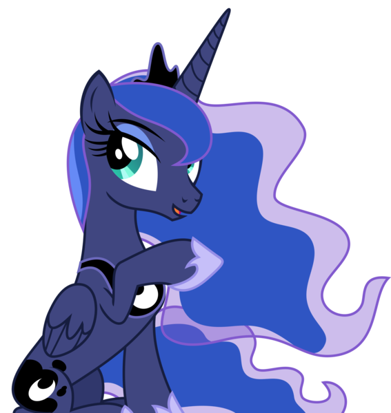 Size: 2125x2250 | Tagged: alicorn, artist:sketchmcreations, crown, cute, derpibooru import, female, horse play, jewelry, lunabetes, mare, open mouth, peytral, princess luna, princess luna is amused, raised hoof, regalia, safe, simple background, sitting, smiling, transparent background, vector