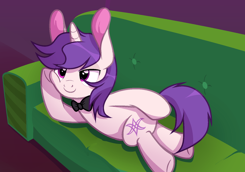 Size: 1602x1128 | Tagged: safe, artist:arshe12, artist:katnekobase, derpibooru import, oc, oc:lapush buns, unofficial characters only, unicorn, bed, bowtie, bunny ears, bunnycorn, commission, draw me like one of your french girls, laying on bed, on bed, side, sofa bed, solo, ych result