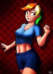 Size: 2507x3541 | Tagged: 2010s, 2016, abs, artist:greenfireartist, beautiful, bedroom eyes, belly button, breasts, busty rainbow dash, checkered background, clothes, denim shorts, derpibooru import, female, high res, human, humanized, lidded eyes, midriff, multicolored hair, open mouth, rainbow dash, rainbow hair, red background, sexy, shirt, shorts, simple background, solo, solo female, suggestive, sultry pose, thighs, t-shirt