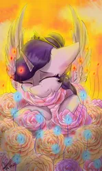 Size: 880x1480 | Tagged: alicorn, artist:yuris, crown, derpibooru import, eyes closed, flower, jewelry, oc, regalia, safe, solo, source needed, staff, sunset, unofficial characters only