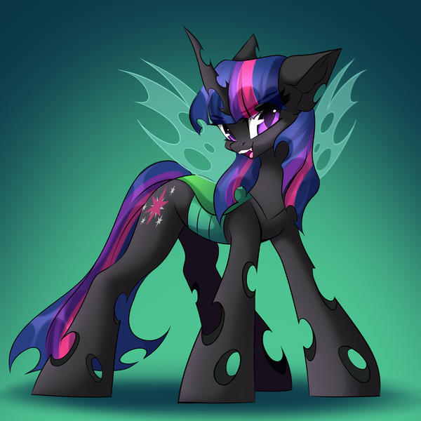 Size: 3000x3000 | Tagged: artist:airiniblock, changeling, changelingified, derpibooru import, female, gradient background, green background, rcf community, safe, simple background, solo, species swap, twilight sparkle