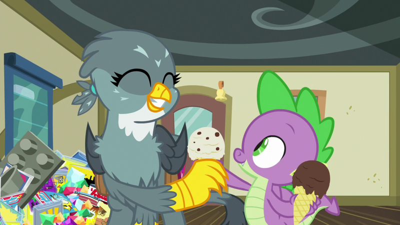 Size: 1920x1080 | Tagged: safe, derpibooru import, screencap, gabby, spike, dragon, gryphon, dragon dropped, comic book, duo, female, food, gem, ice cream, ice cream cone, male, post office, winged spike