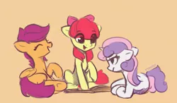 Size: 2221x1293 | Tagged: safe, artist:freeedon, derpibooru import, apple bloom, scootaloo, sweetie belle, earth pony, pegasus, pony, unicorn, adorabloom, book, bow, cute, cutealoo, cutie mark crusaders, diasweetes, eye clipping through hair, female, filly, hair bow, laughing, orange background, simple background, sitting, trio