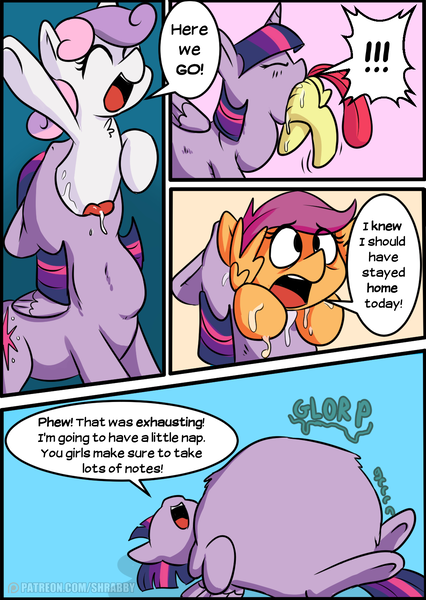 Size: 1120x1579 | Tagged: questionable, artist:shrabby, derpibooru import, apple bloom, scootaloo, sweetie belle, twilight sparkle, twilight sparkle (alicorn), alicorn, earth pony, pegasus, pony, unicorn, belly, comic, cutie mark crusaders, dialogue, drool, endosoma, female, fetish, filly, filly prey, mare, multiple prey, same size vore, stomach noise, swallowing, sweetie belle is a marshmallow too, throat bulge, twipred, varying degrees of want, vore, willing vore