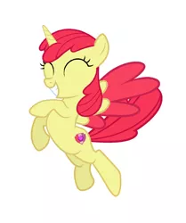 Size: 1216x1456 | Tagged: safe, derpibooru import, edit, editor:proto29, apple bloom, alicorn, pony, alicornified, bloomicorn, colored wings, female, flying, race swap, simple background, solo, transformation, white background, wings