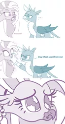 Size: 732x1382 | Tagged: safe, artist:sintakhra, derpibooru import, edit, edited edit, gallus, silverstream, gryphon, hippogriff, ..., coronavirus, covid-19, cute, diastreamies, edit of an edit of an edit, female, gallabetes, gallstream, gallus is not amused, kiss me, male, no, out of context, parody, sad, shipping, shipping denied, smiling, smirk, social distancing, straight, text edit, unamused