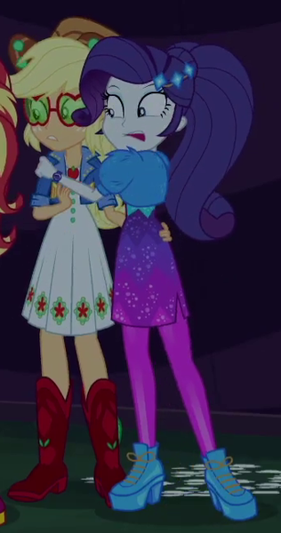 Size: 342x650 | Tagged: safe, derpibooru import, screencap, applejack, rarity, sunset shimmer, equestria girls, equestria girls series, sunset's backstage pass!, spoiler:eqg series (season 2), cropped, female, geode of shielding, magical geodes, music festival outfit