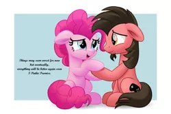 Size: 5000x3332 | Tagged: safe, artist:jhayarr23, derpibooru import, pinkie pie, oc, oc:ace play, earth pony, pony, coronavirus, covid-19, cute, dialogue, diapinkes, duo, facial hair, female, floppy ears, goatee, heartwarming, high res, holding hooves, hoof hold, hoof touch, male, mare, movie accurate, pinkie promise, positive ponies, simple background, sitting, stallion, truth, vector