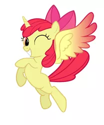 Size: 1216x1456 | Tagged: safe, alternate version, derpibooru import, edit, editor:proto29, apple bloom, alicorn, pony, alicornified, blank flank, bloomicorn, colored wings, female, flying, one eye closed, race swap, simple background, solo, transformation, white background, wings, wink