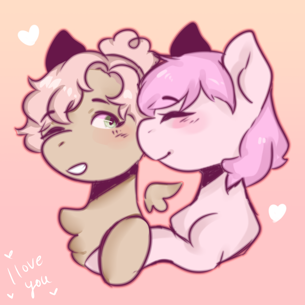 Size: 2000x2000 | Tagged: safe, artist:poofindi, derpibooru import, oc, oc:kayla, oc:mary jane, unofficial characters only, earth pony, pegasus, pony, duo, female, kayry, kiss on the cheek, kissing, lesbian, mare, oc x oc, shipping, smiling, text