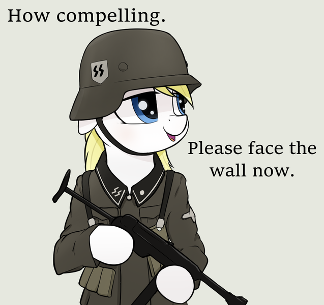 Size: 1091x1028 | Tagged: safe, artist:whiskeypanda, banned from derpibooru, deleted from derpibooru, derpibooru import, oc, oc:aryanne, ponified, unofficial characters only, earth pony, pony, semi-anthro, /mlp/, drawthread, gun, helmet, human shoulders, imminent death, implied execution, meme, military uniform, mp40, nazi, nazi germany, nazipone, ponified meme, schutzstaffel, simple background, solo, text, weapon, world war ii