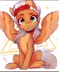 Size: 1080x1296 | Tagged: safe, artist:falafeljake, derpibooru import, oc, oc:rosalie, unofficial characters only, pegasus, pony, chest fluff, cute, female, flower, flower in hair, looking at you, mare, pegasus oc, sitting, wings